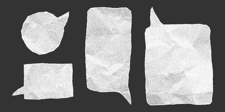 Speech bubbles made of crumpled paper, isolated for layout use. Dotted halftone texture with rough notebook edges and gritty visual effect, irregular text box.