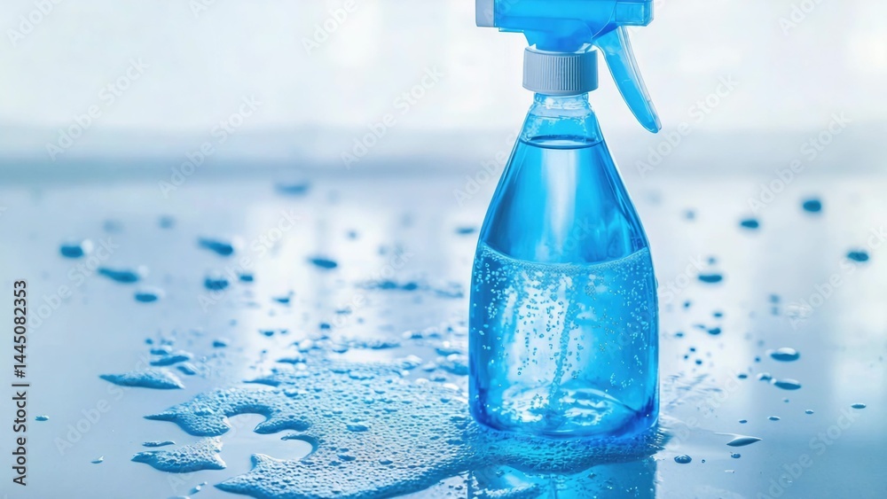 Poster a blue spray bottle sits on a table with a plain background