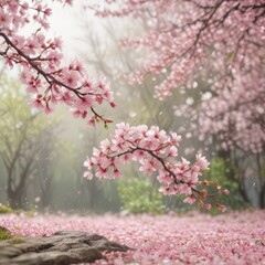 Obraz premium Delicate pink sakura petals drift gently against a soft-focus spring backdrop , flora, delicate, gentle