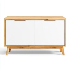 Modern oak cabinet stands against white backdrop ideal for home decor showcases and interior design product presentation