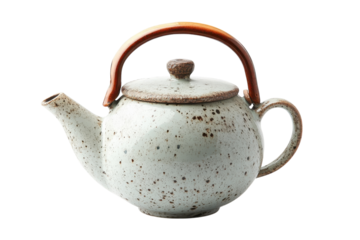 Elegant speckled teapot with a rustic wooden handle perfect for a calming tea ritual Soft light