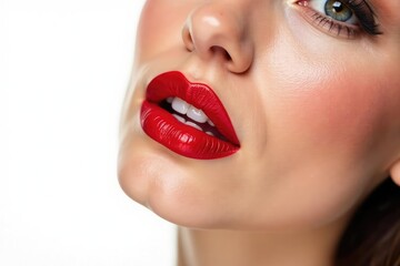 Naklejka premium Bold red lipstick against pure white backdrop , shiny, macro