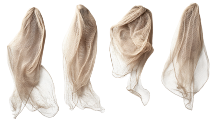 Five Beige Fishing Nets in Various Poses Isolated on Transparent Background