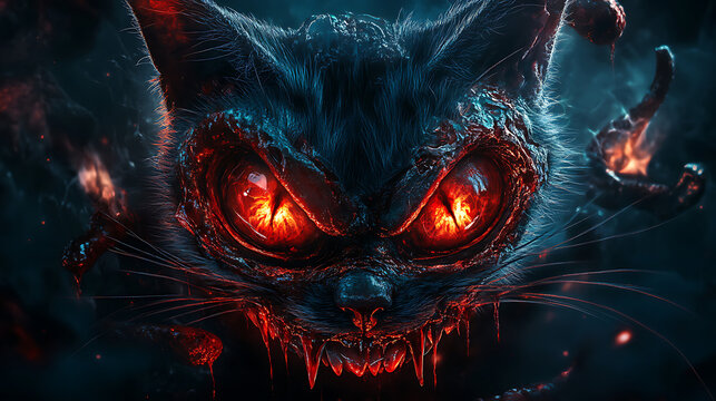 close up of a scary evil bloody zombie cat with demonic virus eyes