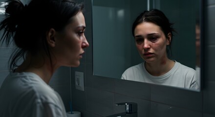 Sad woman looking in mirror reflection in bathroom upset anxious stressed depression mental health awareness