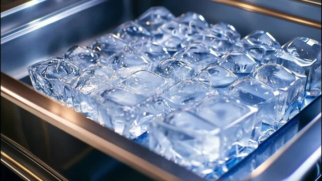 Ice cubes stacked in tray inside freezer. 
