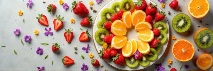 Colorful fruit arrangement with oranges kiwis and strawberries