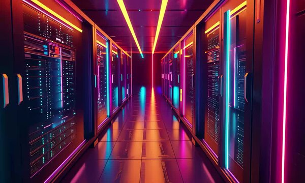 A brightly lit corridor in a high-tech data center features rows of servers illuminated by striking neon lights, creating a futuristic atmosphere during nighttime.
