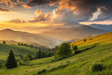 Obraz premium Scenic mountain range landscape with golden light illuminating the green hills and cloudy sky above them