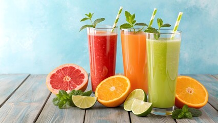 Colorful fruit smoothies in glasses with straws and fresh citrus fruits on a wooden surface view