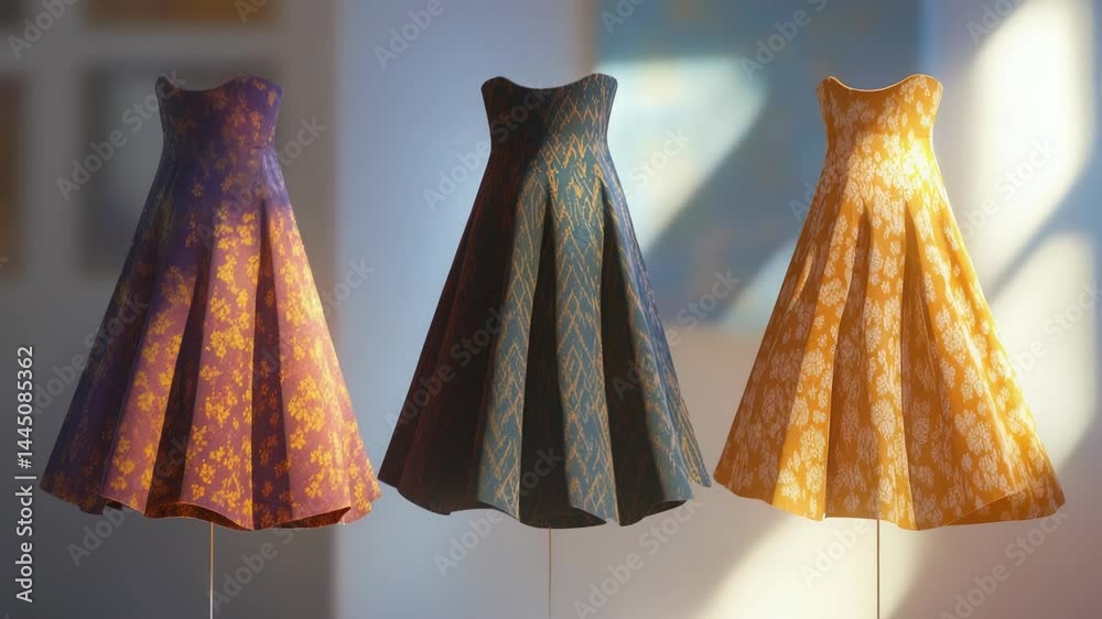 Poster a row of three dresses hung up on a clothes rack, ready for wear or display