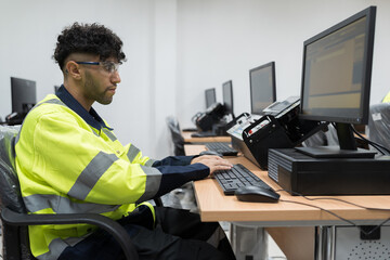 Machine learning. Electrical engineer. Works on desktop computer. Male engineer training...