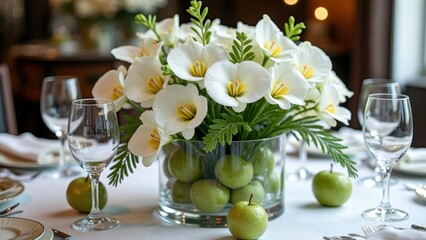 Elegant floral centerpiece with white calla lilies and green apples on dining table