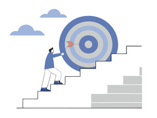 Goal Achievement Icon – Man Climbing Steps Toward a Target Representing Success, Progress, and Motivation