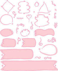 Set of hand drawn curved line frames in soft pink shades: rhomb shape, ribbon shapes, round shapes, triangle