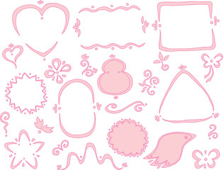 Set of hand drawn curved line frames in soft pink shades: heart shape, rectangle frame, oval, triangle, figure eight frame, star, flower shapes, bow
