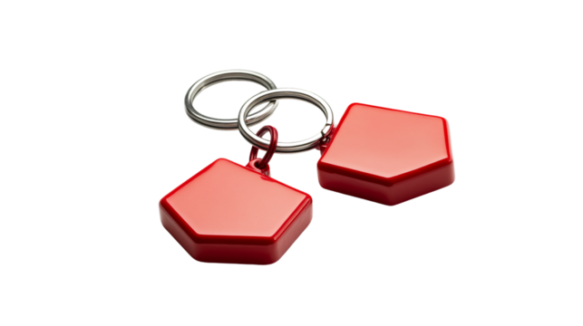 Modern House Key Pair with Red House Shaped Keyring Isolated on White