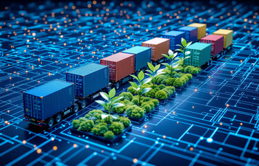 Obraz premium A line of colorful cargo containers on miniature trucks moves across a circuit board, accompanied by growing plants, symbolizing sustainable logistics and technological integration in green supply cha