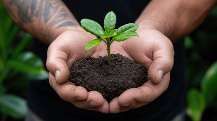 Small sprout held in cupped hands, nurturing growth