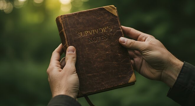 Survivor notes book held in hands vintage journal adventure survival guide leather bound diary outdoors