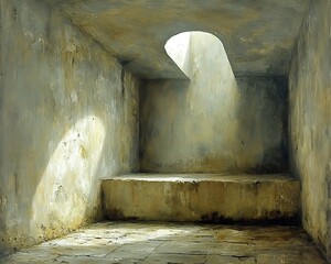 Sunlit stone cell with built-in bench