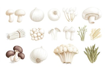 WatercolorStyle Fungi Set with Mushrooms, Onions, Garlic, Corn, and Asparagus