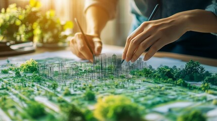 Fototapeta premium Architect sketching urban design on model with trees, buildings, and plants