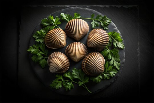 Fresh Raw Clams on Slate with Parsley Perfect for Seafood Menus and Culinary Presentations