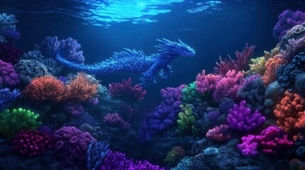 Submarine creature swims through vibrant coral reef.