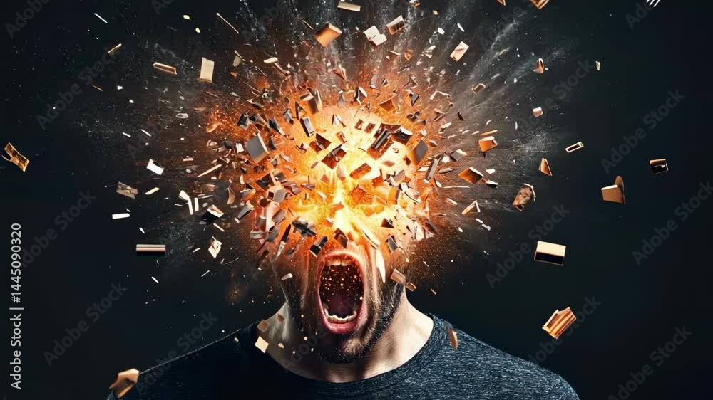 Aufkleber Intense portrait series of a man screaming with his head visually exploding into small golden fragments, symbolizing stress, anger, or mental overload against a dark backdrop