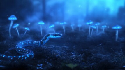 Glowing snake, bioluminescent mushrooms, dark forest.