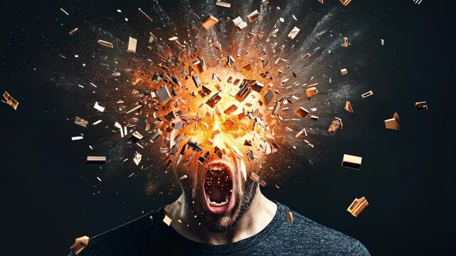 Intense portrait series of a man screaming with his head visually exploding into small golden fragments, symbolizing stress, anger, or mental overload against a dark backdrop
