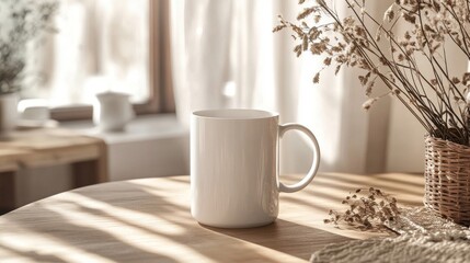 White Mug on Wooden Table in Sunlit Room