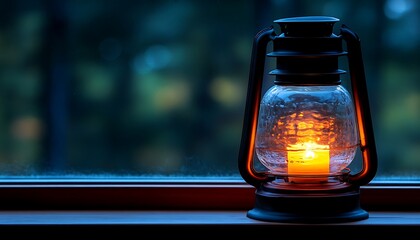 Glowing oil lantern on window sill at dusk