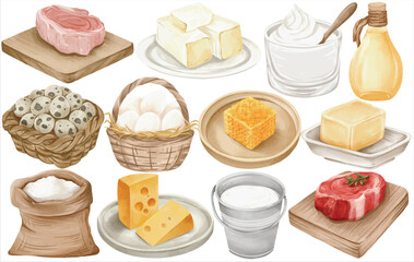 Watercolor Farm Produce Clip Art Set Hand Painted Cheese Butter Egg Milk Yogurt Cream Meat Honey Salt Oil Food Illustration