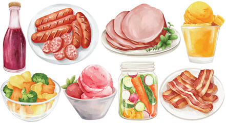Watercolor Food Clip Art Set Hand Painted Sausage Bacon Salad Ice Cream Pickle Juice Ham Illustration