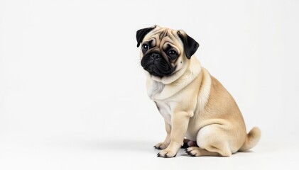 Fototapeta premium Adorable pug dog sitting, isolated on white background, pet portrait, pug