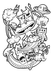 Hand-drawn illustrations, monsters doodle, Hand Drawn cartoon monster illustration,Cartoon crowd doodle hand-drawn Doodle style.black and white stripes coloring  book.