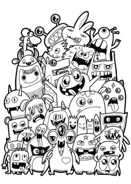 Hand-drawn illustrations, monsters doodle, Hand Drawn cartoon monster illustration,Cartoon crowd doodle hand-drawn Doodle style.black and white stripes coloring  book.