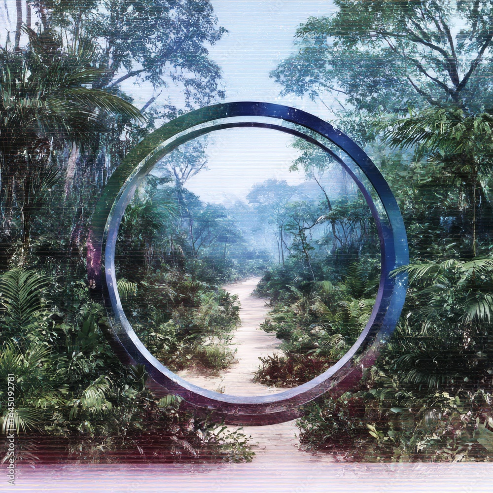 Poster a portal to tranquility: lush jungle landscape framed by an enigmatic circular structure with artist