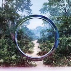A Portal to Tranquility: Lush Jungle Landscape Framed by an Enigmatic Circular Structure with Artistic Glitch Effects