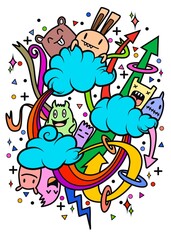 Hand-drawn illustrations, monsters doodle, Hand Drawn cartoon monster illustration,Cartoon crowd doodle hand-drawn Doodle style.