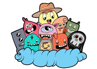 Hand-drawn illustrations, monsters doodle, Hand Drawn cartoon monster illustration,Cartoon crowd doodle hand-drawn Doodle style. © ohhh_photo