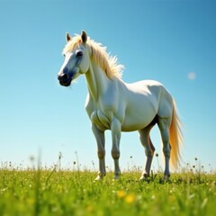 Obraz premium White horse with flowing mane and tail stands alone in a meadow, horse, landscape, grass