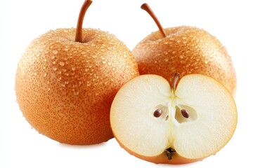 Juicy Asian pears glistening with dew drops halved to reveal crisp white flesh Close up studio shot