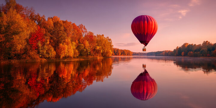 Red hot air balloon over calm autumn lake reflected in still water, surrounded by colorful trees. Symbolizes serenity, travel, and seasonal beauty