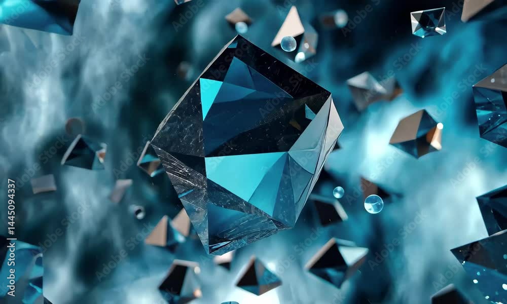 Poster blue crystals appear to float in a dreamy environment, illuminated by soft light, creating an enchan
