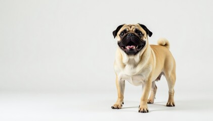 Obraz premium Playful pug stands on white, tongue slightly out, tongue out, dog