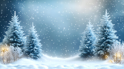 Fototapeta premium Beautiful Snowy Forest with Evergreen Trees Illuminated by Gentle Winter Light peaceful and magical seasonal atmosphere