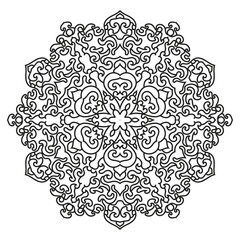 Ornamental mandala pattern in black and white with floral and curved symmetry. Ideal for adult coloring pages, decorative design, and vector artwork.